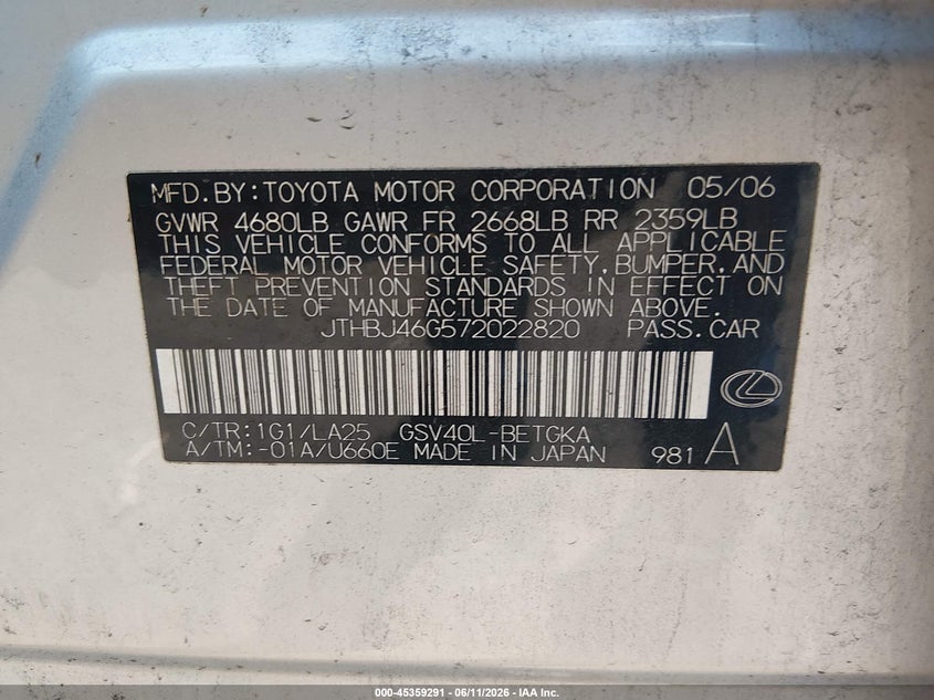 2007 Lexus ES VIN JTHBJ46G572022820 IAAI salvage auction — NORMAL WEAR, Clear (Virginia), sold $1,100 on 2026-07-08 (photo 9)