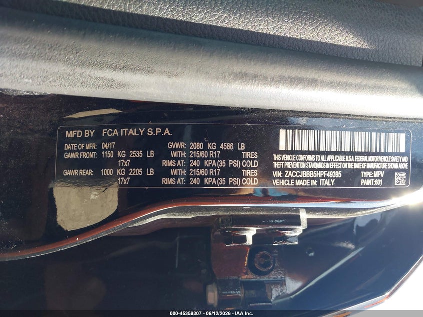 2017 Jeep Renegade VIN ZACCJBBB5HPF49395 IAAI salvage auction — FRONT END, Mv-907A (New York), sold $1,300 on 2026-07-09 (photo 9)