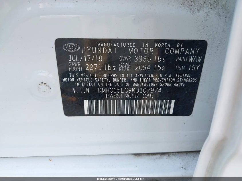 2019 Hyundai Ioniq hybrid VIN KMHC65LC9KU107974 IAAI salvage auction — NORMAL WEAR, SF97 (Virginia), sold $7,800 on 2026-07-22 (photo 9)