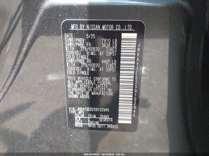 2025 Nissan Armada VIN JN8AY3EB2S9102945 IAAI salvage auction — ROOF, Salvage (Tennessee), sold $43,500 on 2026-07-20 (photo 9)