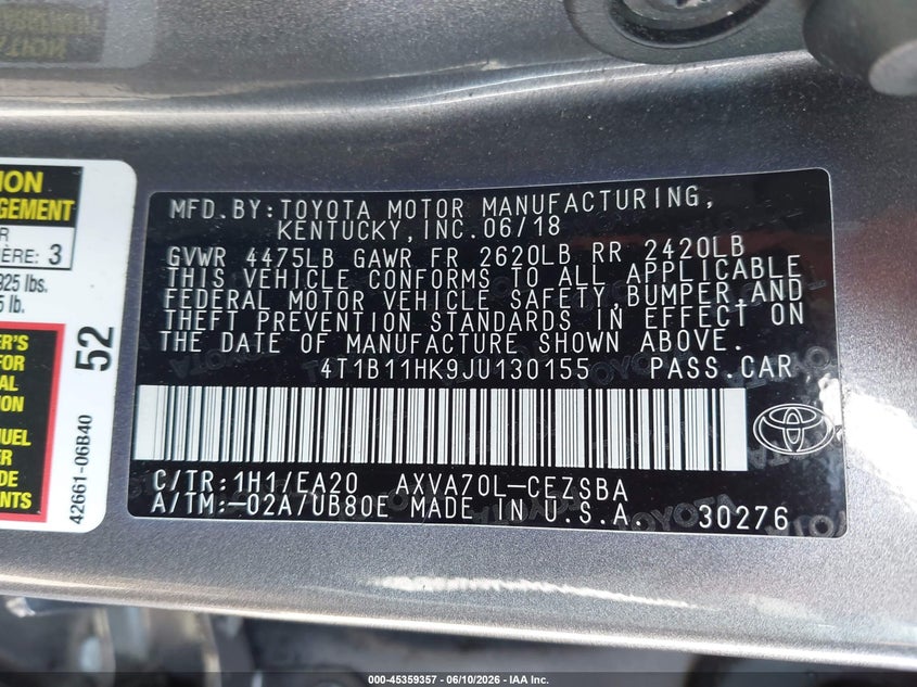 2018 Toyota Camry VIN 4T1B11HK9JU130155 IAAI salvage auction — LEFT FRONT, Salvage (Oregon), sold $5,800 on 2026-07-23 (photo 9)
