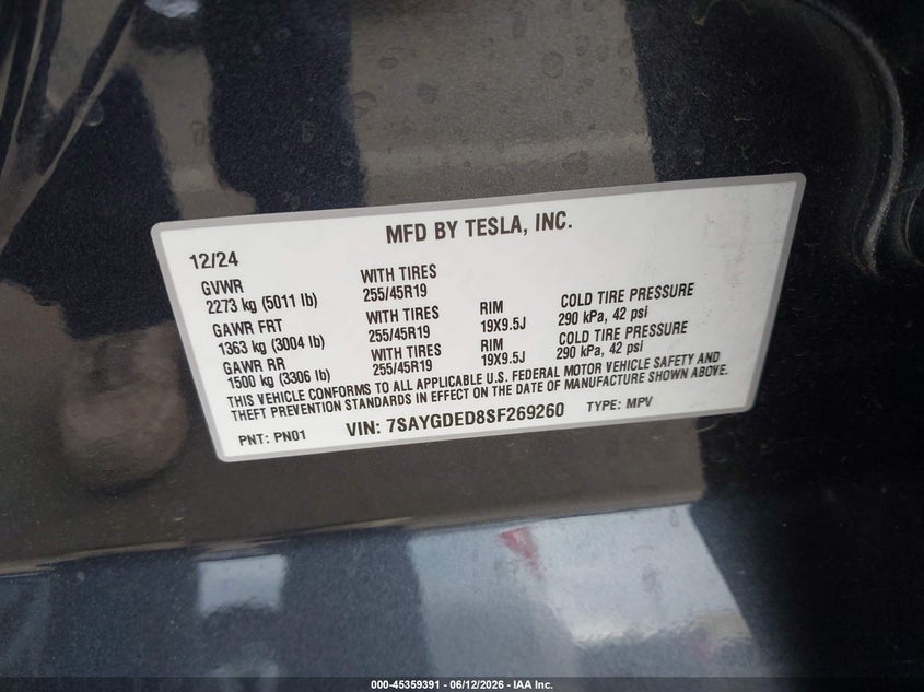 2025 Tesla Model y VIN 7SAYGDED8SF269260 IAAI salvage auction — FRONT END, Salvage (Arizona), sold $10,900 on 2026-07-21 (photo 9)
