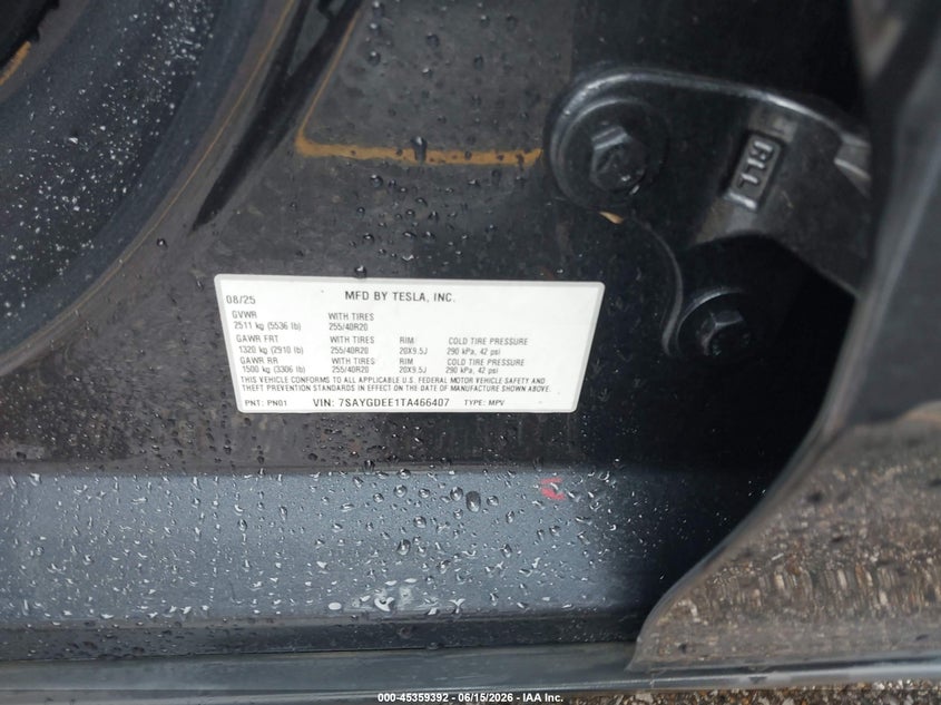 2026 Tesla Model y VIN 7SAYGDEE1TA466407 IAAI salvage auction — REAR END, Salvage Title, sold $7,300 on 2026-07-22 (photo 9)