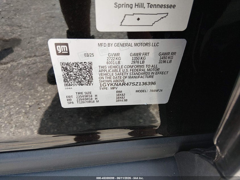 2025 Cadillac Xt5 VIN 1GYKNAR47SZ136396 IAAI salvage auction — FRONT END, Salvage Title, sold $12,075 on 2026-07-29 (photo 9)