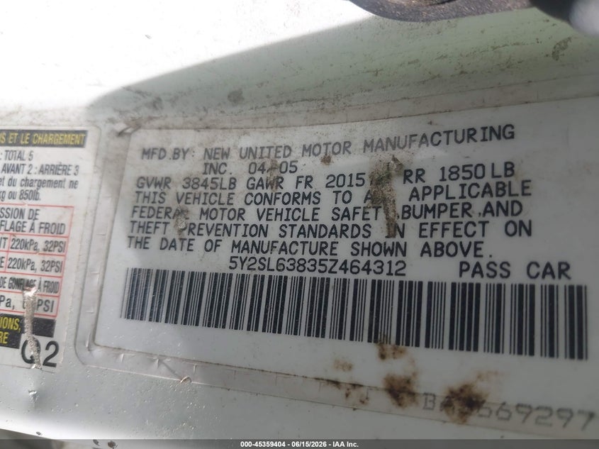 2005 Pontiac Vibe VIN 5Y2SL63835Z464312 IAAI salvage auction — NORMAL WEAR, Clear (Idaho), sold $150 on 2026-07-28 (photo 9)