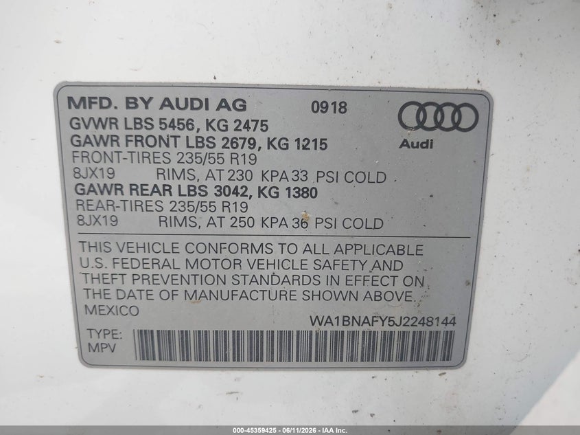 2018 Audi Q5 VIN WA1BNAFY5J2248144 IAAI salvage auction — FRONT & REAR, Salvage Title, sold $9,000 on 2026-07-24 (photo 9)