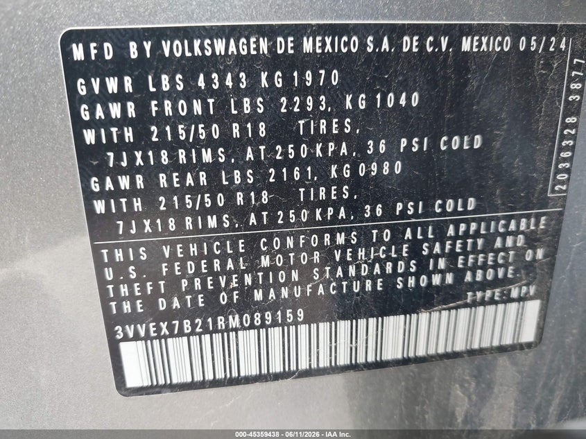 2024 Volkswagen Taos VIN 3VVEX7B21RM089159 IAAI salvage auction — FRONT END, Clear (Tennessee), sold $7,300 on 2026-07-22 (photo 9)