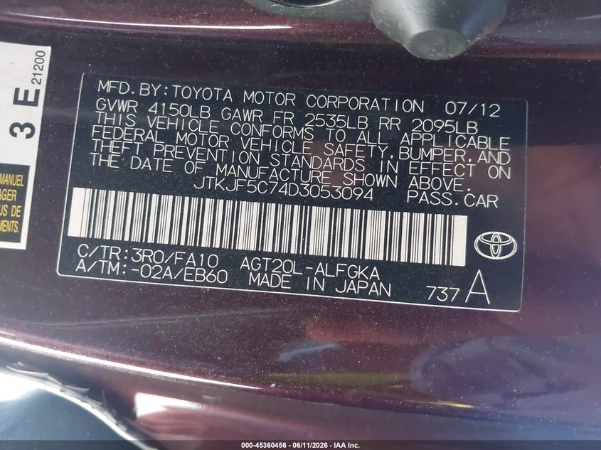 2013 Scion Tc VIN JTKJF5C74D3053094 IAAI salvage auction — LEFT SIDE, Salvage Title, sold $725 on 2026-07-22 (photo 9)