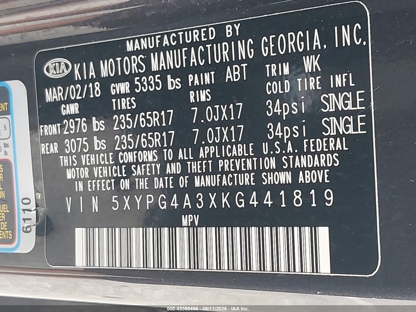 2019 Kia Sorento VIN 5XYPG4A3XKG441819 IAAI salvage auction — FRONT END, Salvage Title, sold $2,200 on 2026-08-02 (photo 9)