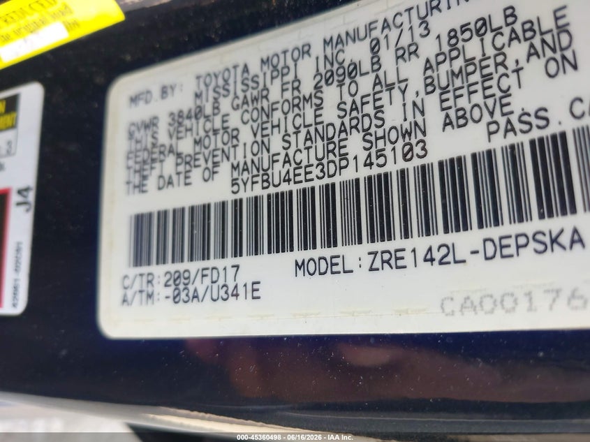 2013 Toyota Corolla VIN 5YFBU4EE3DP145103 IAAI salvage auction — NORMAL WEAR, Original (Texas), sold $4,150 on 2026-07-29 (photo 9)