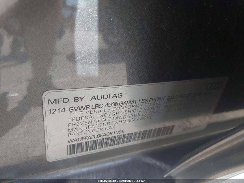 2015 Audi A4 VIN WAUFFAFL8FA081099 IAAI salvage auction — FRONT END, Salvage Title, sold $1,050 on 2026-08-06 (photo 9)