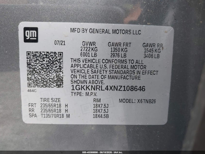 2022 Gmc Acadia VIN 1GKKNRL4XNZ108646 IAAI salvage auction — NORMAL WEAR, Sf97 (New Jersey), sold $2,550 on 2026-07-21 (photo 9)