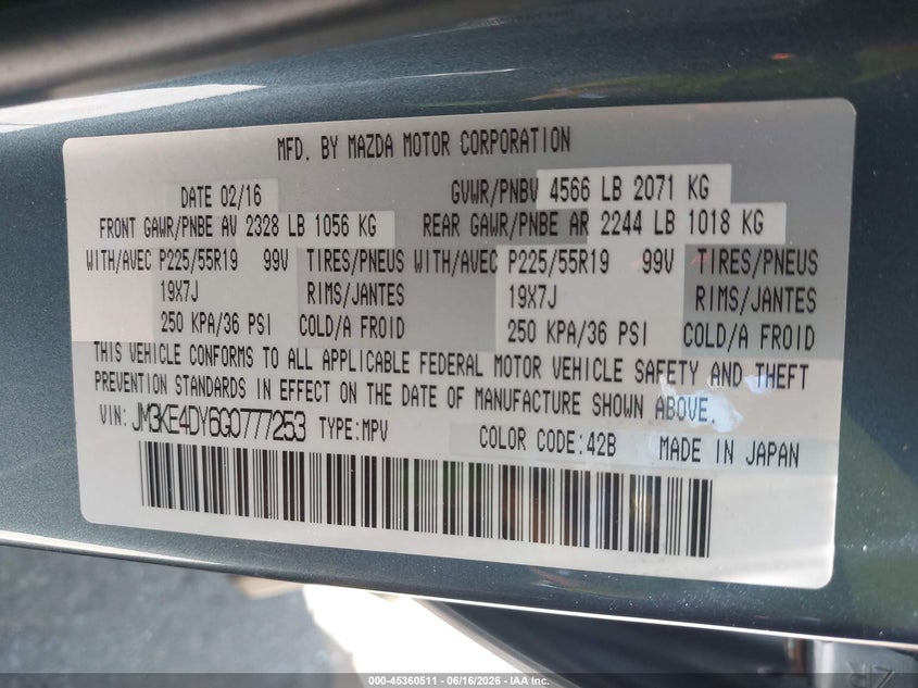 2016 Mazda Cx-5 VIN JM3KE4DY6G0777253 IAAI salvage auction — RIGHT SIDE, Mv-907A (New York), sold $4,825 on 2026-07-14 (photo 9)