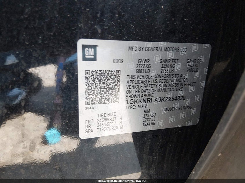 2019 Gmc Acadia VIN 1GKKNRLA9KZ254330 IAAI salvage auction — NORMAL WEAR, SF97 (Maryland), sold $25 on 2026-07-21 (photo 9)