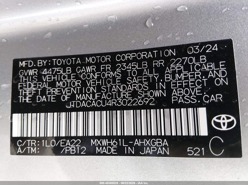2024 Toyota Prius VIN JTDACACU4R3022692 IAAI salvage auction — LEFT FRONT, Salvage Title, sold $10,900 on 2026-07-31 (photo 9)