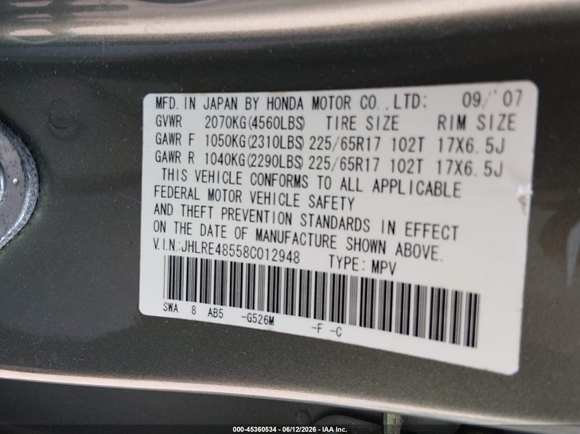 2008 Honda Cr-v VIN JHLRE48558C012948 IAAI salvage auction — SIDE, Salvage (New Jersey), sold $1,250 on 2026-07-27 (photo 9)