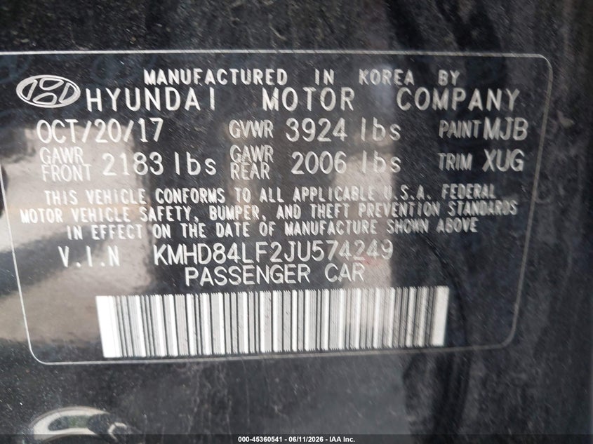 2018 Hyundai Elantra VIN KMHD84LF2JU574249 IAAI salvage auction — SIDE, Rebuildable (Florida), sold $3,000 on 2026-07-20 (photo 9)