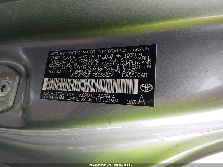2007 Toyota Yaris VIN JTDJT923175056324 IAAI salvage auction — FRONT & REAR, Salvage (Ohio), sold $100 on 2026-07-23 (photo 9)