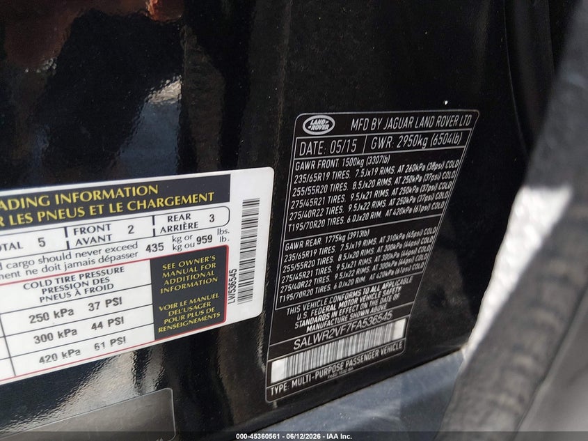 2015 Land rover Range rover sport VIN SALWR2VF7FA536545 IAAI salvage auction — LEFT FRONT, Rebuildable (Florida), sold $1,050 on 2026-07-09 (photo 9)