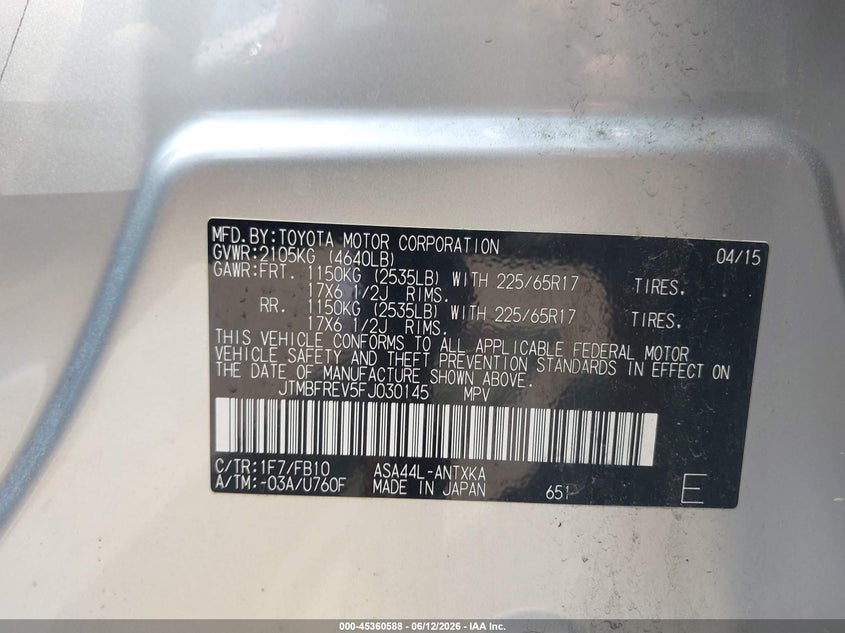 2015 Toyota Rav 4 VIN JTMBFREV5FJ030145 IAAI salvage auction — RIGHT FRONT, Salvage (Massachusetts), sold $4,450 on 2026-07-21 (photo 9)