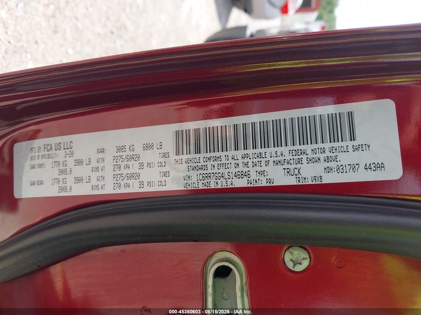 2020 Ram 1500 VIN 1C6RR7GG4LS146846 IAAI salvage auction — FRONT END, Salvage (Pennsylvania), sold $4,900 on 2026-07-10 (photo 9)