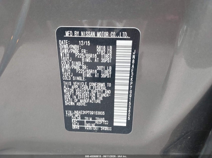 2016 Nissan Quest VIN JN8AE2KP7G9153805 IAAI salvage auction — LEFT FRONT, Salvage (Ohio), sold $300 on 2026-07-28 (photo 9)