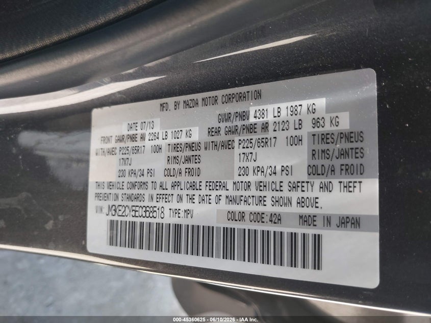 2014 Mazda Cx-5 VIN JM3KE2CY5E0368518 IAAI salvage auction — UNKNOWN, Clear - Dealer Only (California), sold $1,175 on 2026-07-08 (photo 9)