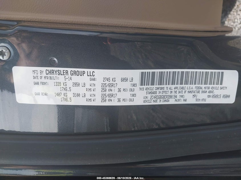 2014 Dodge Grand caravan VIN 2C4RDGBG8ER390194 IAAI salvage auction — NORMAL WEAR, Sf97 (New Jersey), sold $25 on 2026-07-21 (photo 9)