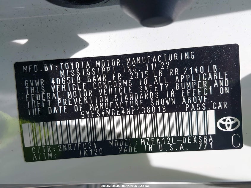 2022 Toyota Corolla VIN 5YFS4MCE4NP138018 IAAI salvage auction — RIGHT FRONT, Salvage Title, sold $5,900 on 2026-08-01 (photo 9)