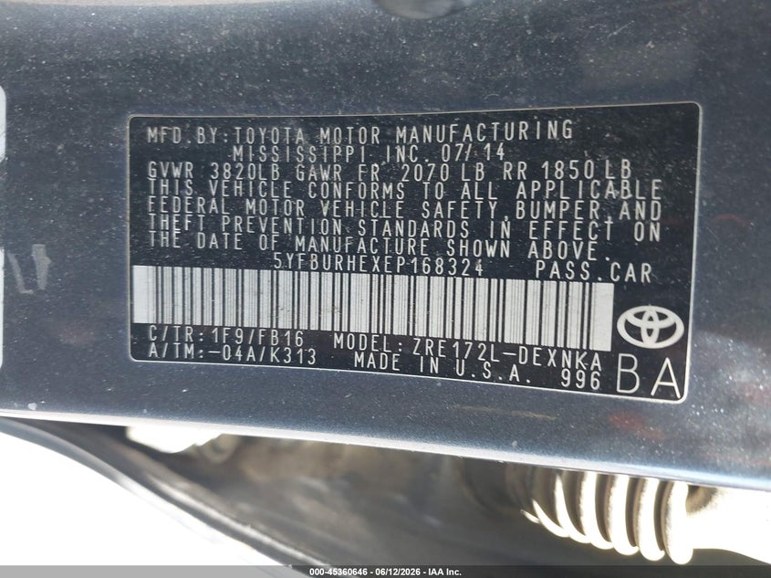 2014 Toyota Corolla VIN 5YFBURHEXEP168324 IAAI salvage auction — FRONT END, Salvage (Oregon), sold $1,250 on 2026-07-30 (photo 9)