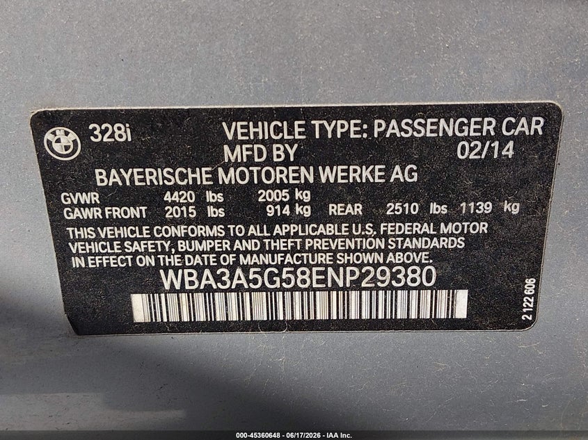 2014 BMW 3er VIN WBA3A5G58ENP29380 IAAI salvage auction — ALL OVER, Salvage (Kentucky), sold $325 on 2026-08-19 (photo 9)