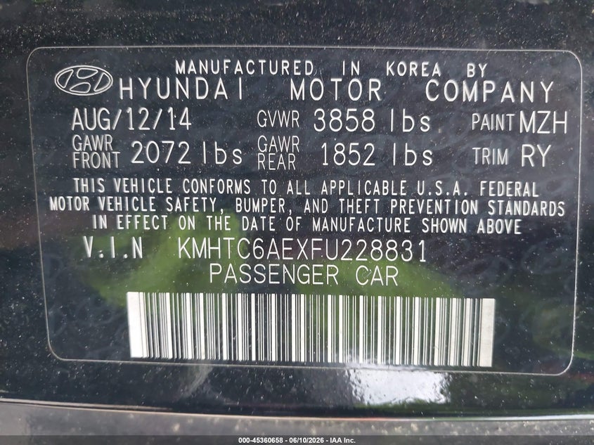 2015 Hyundai Veloster VIN KMHTC6AEXFU228831 IAAI salvage auction — NORMAL WEAR, Clear-Dealer Only (Maryland), sold $875 on 2026-07-09 (photo 9)