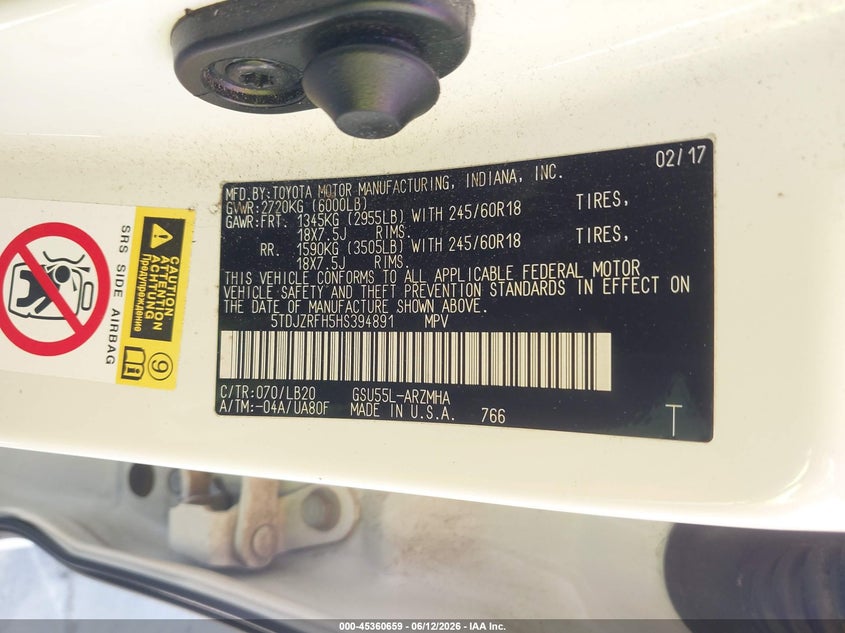 2017 Toyota Highlander VIN 5TDJZRFH5HS394891 IAAI salvage auction — REAR END, Salvage (California), sold $11,075 on 2026-07-13 (photo 9)