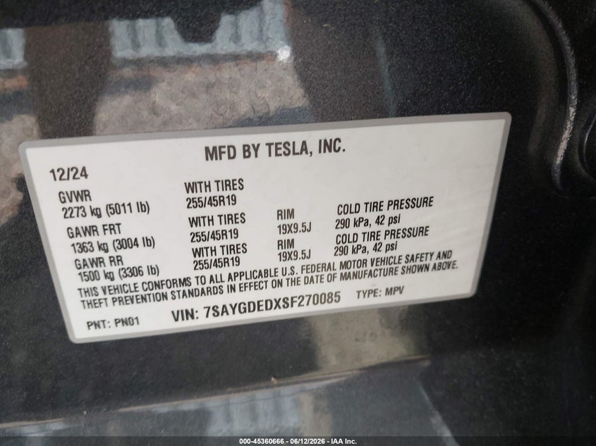 2025 Tesla Model y VIN 7SAYGDEDXSF270085 IAAI salvage auction — FRONT END, Salvage Title, sold $11,300 on 2026-07-29 (photo 9)