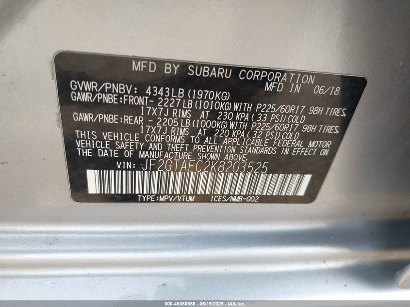 2019 Subaru Xv VIN JF2GTAEC2K8203525 IAAI salvage auction — RIGHT FRONT, Mv-907A (New York), sold $4,000 on 2026-07-07 (photo 9)