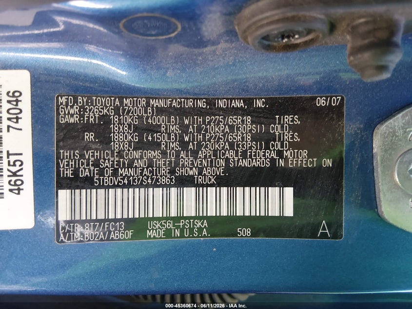 2007 Toyota Tundra VIN 5TBDV54137S473863 IAAI salvage auction — REAR END, Salvage (Colorado), sold $25 on 2026-07-29 (photo 9)