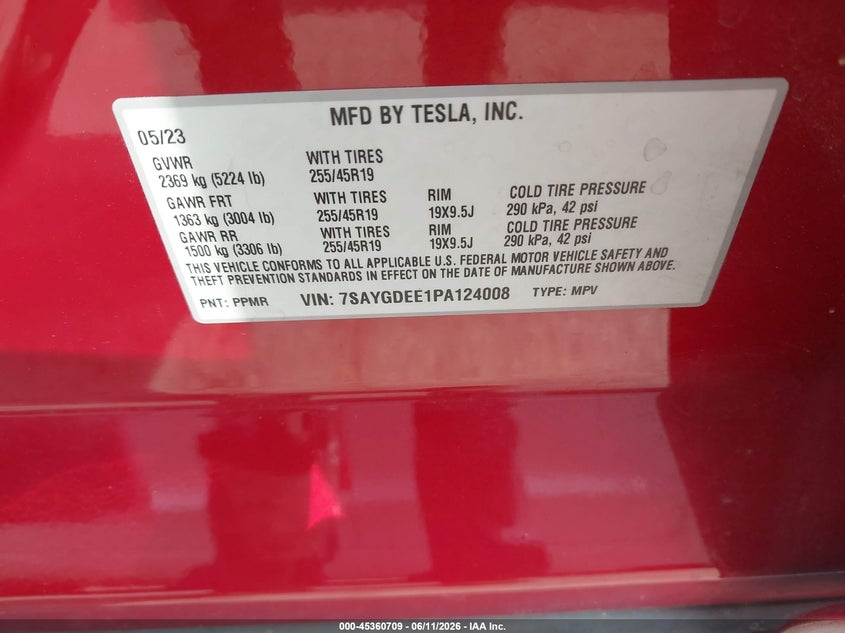 2023 Tesla Model y VIN 7SAYGDEE1PA124008 IAAI salvage auction — FRONT END, Salvage (Idaho), sold $16,000 on 2026-07-30 (photo 9)