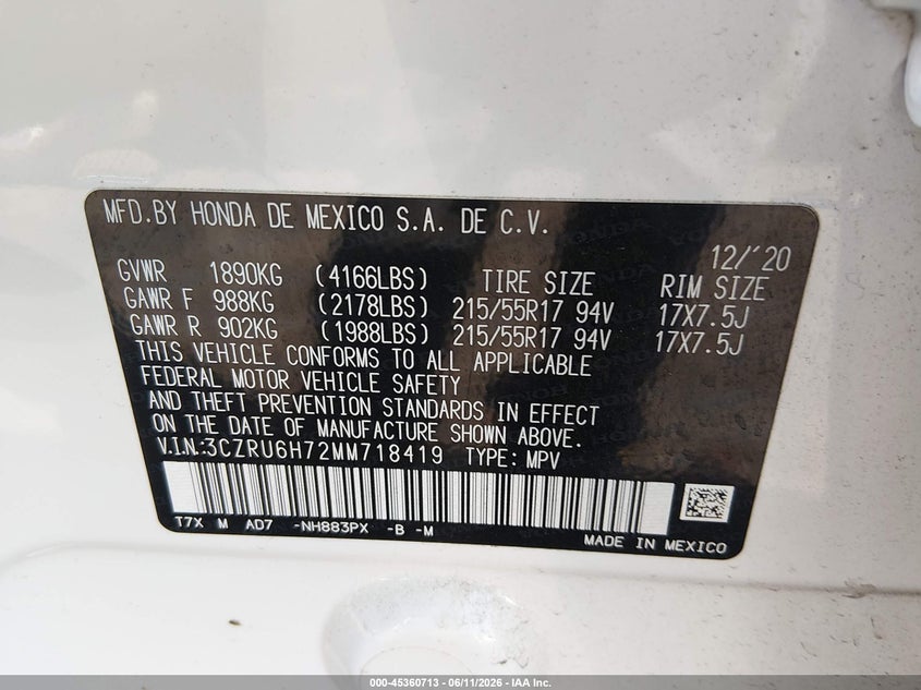 2021 Honda Hr-v VIN 3CZRU6H72MM718419 IAAI salvage auction — LEFT FRONT, Salvage (Ohio), sold $5,100 on 2026-07-18 (photo 9)