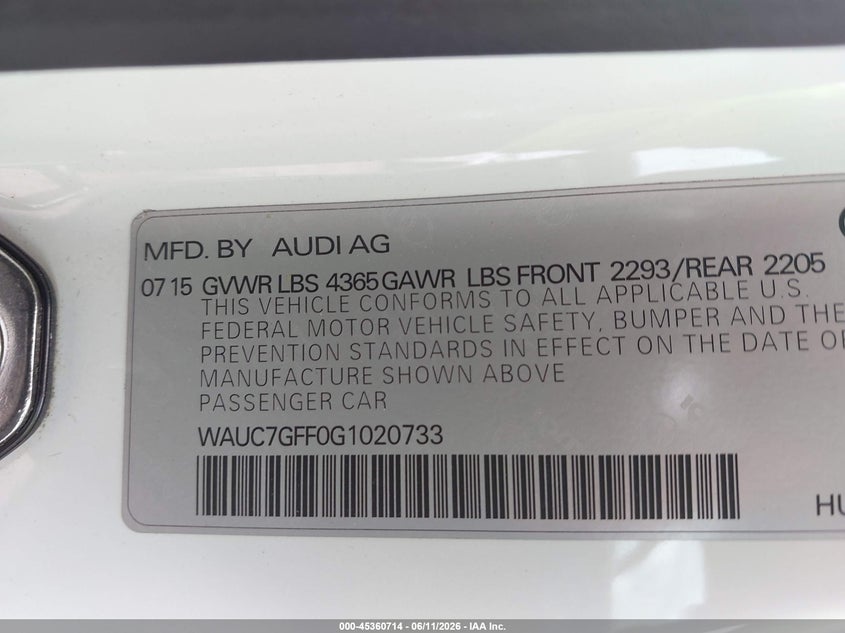 2016 Audi A3 VIN WAUC7GFF0G1020733 IAAI salvage auction — FRONT END, Clear (Michigan), sold $2,100 on 2026-07-30 (photo 9)