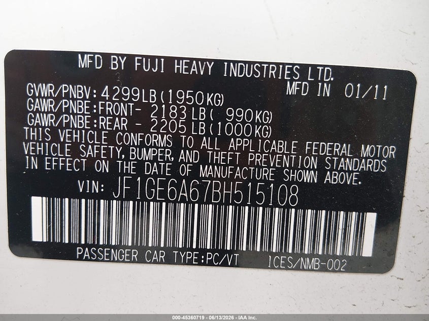 2011 Subaru Impreza VIN JF1GE6A67BH515108 IAAI salvage auction — REAR END, Salvage (Kansas), sold $1,125 on 2026-07-29 (photo 9)