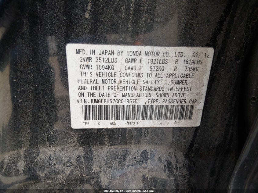 2012 Honda Fit VIN JHMGE8H57CC018575 IAAI salvage auction — FRONT END, Salvage (Maine), sold $25 on 2026-07-27 (photo 9)
