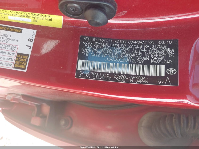 2010 Toyota Prius VIN JTDKN3DU3A5120789 IAAI salvage auction — FRONT END, Clear (Indiana), sold $1,825 on 2026-07-08 (photo 9)