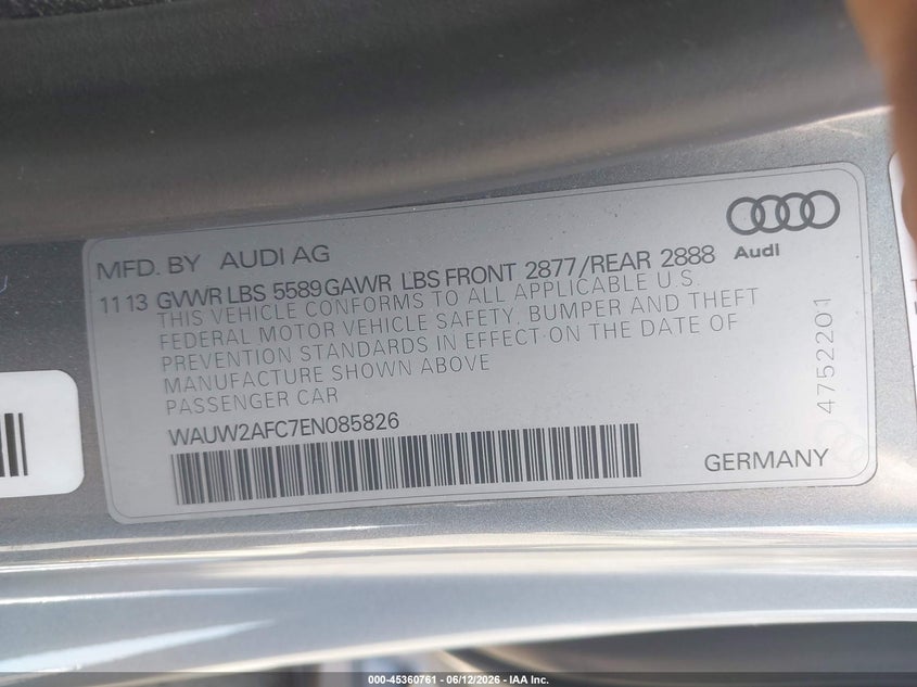 2014 Audi S7 VIN WAUW2AFC7EN085826 IAAI salvage auction — FRONT END, Salvage Title, sold $2,350 on 2026-07-27 (photo 9)