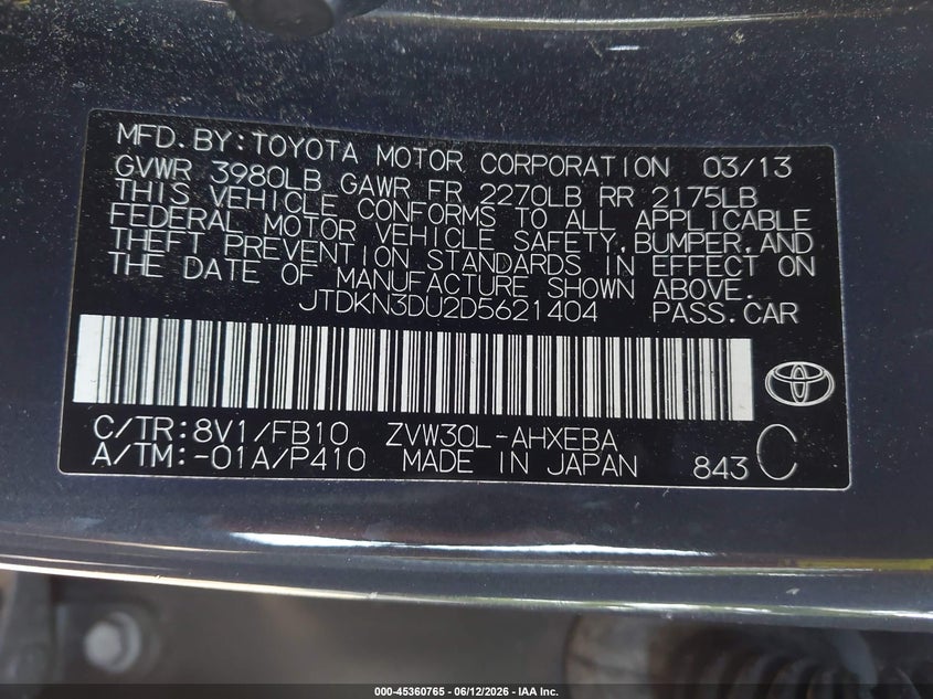 2013 Toyota Prius VIN JTDKN3DU2D5621404 IAAI salvage auction — FRONT END, Salvage (Georgia), sold $250 on 2026-07-17 (photo 9)