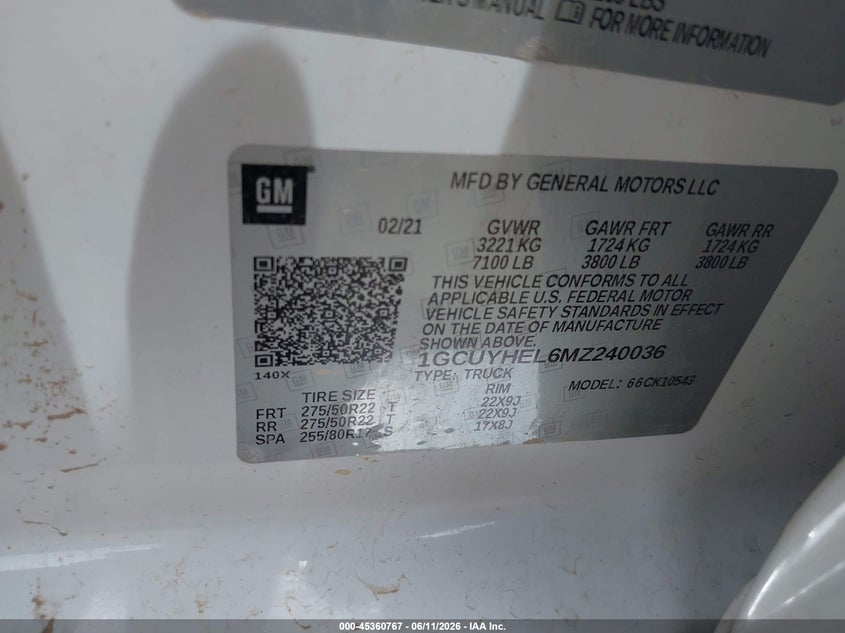 2021 Chevrolet VIN 1GCUYHEL6MZ240036 IAAI salvage auction — FRONT END, Salvage Title, sold $8,600 on 2026-07-30 (photo 9)
