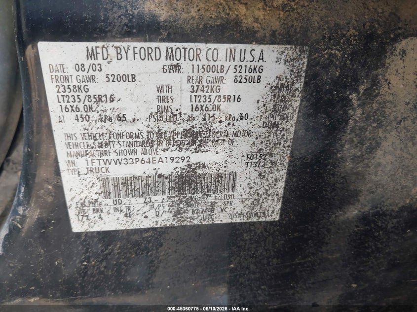 2004 Ford F350 VIN 1FTWW33P64EA19292 IAAI salvage auction — NORMAL WEAR, Clear (Indiana), sold $725 on 2026-07-08 (photo 8)