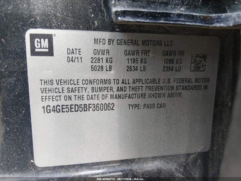 2011 Buick Lacrosse VIN 1G4GE5ED5BF360062 IAAI salvage auction — NORMAL WEAR, Salvage (Texas), sold $675 on 2026-08-23 (photo 9)