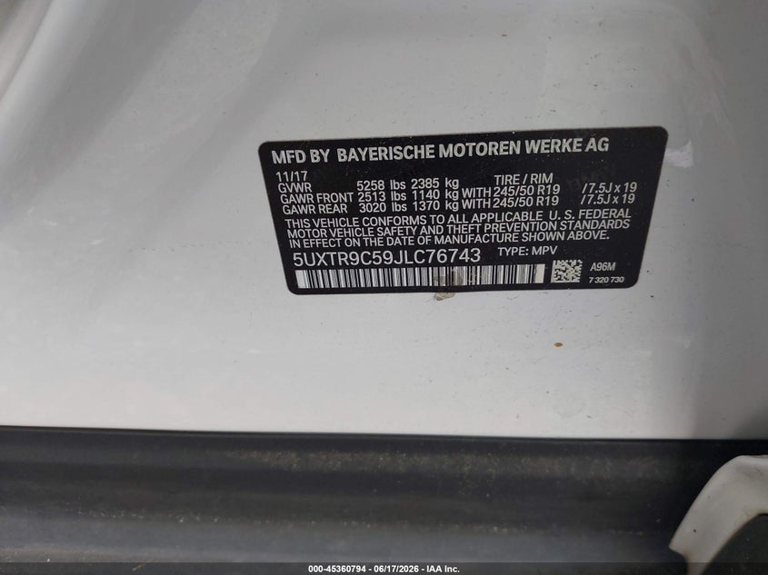 2018 BMW X3 VIN 5UXTR9C59JLC76743 IAAI salvage auction — FRESH WATER, Salvage Title, sold $8,200 on 2026-07-28 (photo 9)