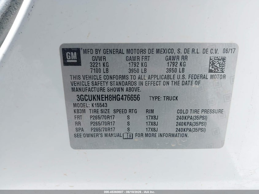 2017 Chevrolet Silverado 1500 VIN 3GCUKNEH8HG476656 IAAI salvage auction — NORMAL WEAR, Sf97 (California), sold $11,650 on 2026-08-25 (photo 9)