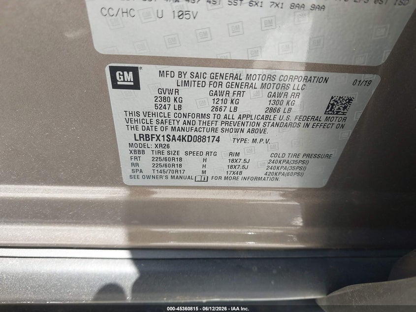2019 Buick Envision VIN LRBFX1SA4KD088174 IAAI salvage auction — FRONT END, Salvage (Virginia), sold $1,825 on 2026-07-20 (photo 9)